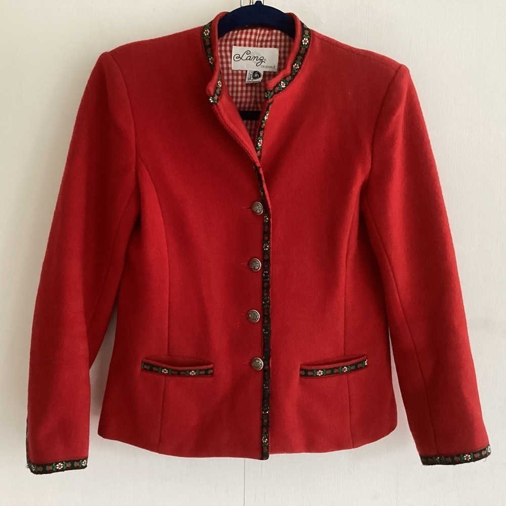 Lang Originals Red wool embroidered trim silver stamped buttons lined blazer S